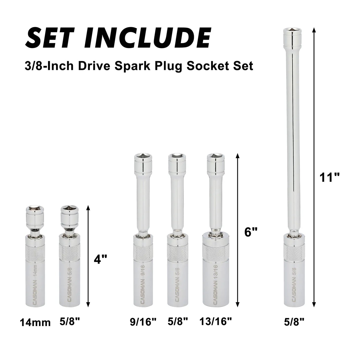 6PCS Magnetic Swivel Spark Plug Socket Set – 3/8" Drive, 9/16", 5/8", 13/16" & 14mm, Thin Wall CR-V Steel