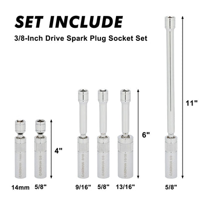6PCS Magnetic Swivel Spark Plug Socket Set – 3/8" Drive, 9/16", 5/8", 13/16" & 14mm, Thin Wall CR-V Steel