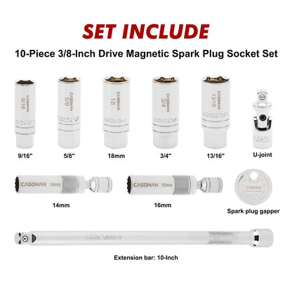 10PCS Magnetic Spark Plug Socket Set – 3/8" Drive CR-V Steel Automotive Tool Kit with Extension Bar & Universal Joint